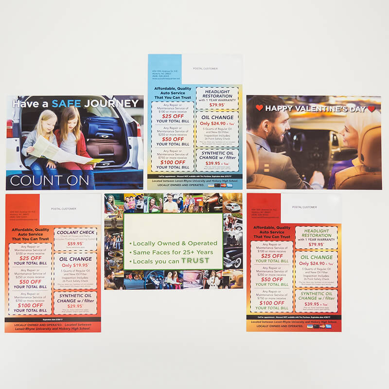Various printed direct mail offers including discount announcements, coupons, and more