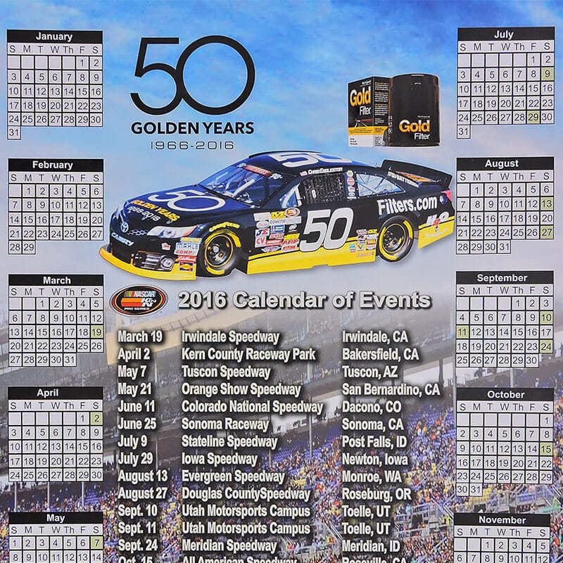 Printed calendar with racecar design